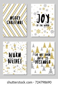 Modern Christmas postcards vector set with lettering calligraphy and background card patterns in gold and silver colors. Christmas cards, xmas banners set, silver and golden backgrounds, wishes text.