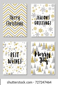 Modern Christmas postcards vector set with lettering calligraphy and background card patterns in gold and silver colors. Christmas cards, xmas banners set, silver and golden backgrounds, wishes text.