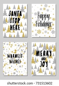 Modern Christmas postcards vector set with lettering calligraphy and background card patterns in gold and silver colors. Christmas cards, xmas banners set, silver and golden backgrounds, wishes text.