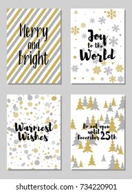 Modern Christmas postcards vector set with lettering calligraphy and background card patterns in gold and silver colors. Christmas cards, xmas banners set, silver and golden backgrounds, wishes text.