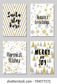 Modern Christmas postcards vector set with lettering calligraphy and background card patterns in gold and silver colors. Christmas cards, xmas banners set, silver and golden backgrounds, wishes text.