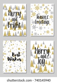 Modern Christmas postcards vector set with lettering calligraphy and background card patterns in gold and silver colors. Christmas cards, xmas banners set, silver and golden backgrounds, wishes text.