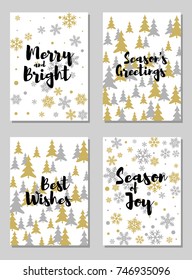 Modern Christmas postcards vector set with lettering calligraphy and background card patterns in gold and silver colors. Christmas cards, xmas banners set, silver and golden backgrounds, wishes text.