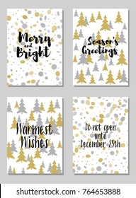Modern Christmas postcards vector set with lettering calligraphy and background card patterns in gold and silver colors. Christmas cards, xmas banners set, silver and golden backgrounds, wishes text.