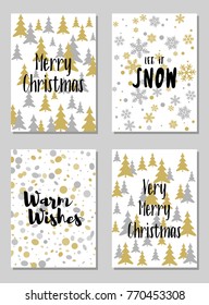 Modern Christmas postcards vector set with lettering calligraphy and background card patterns in gold and silver colors. Christmas cards, xmas banners set, silver and golden backgrounds, wishes text.