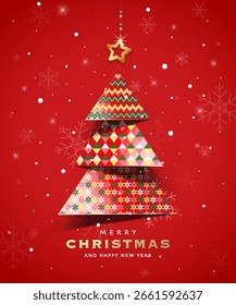 Modern Christmas poster design featuring a paper-cut style tree, golden hanging star and falling snowflakes on a luxurious red background. Perfect for holiday greetings and festive decoration.