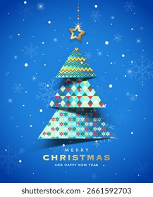 Diseño de póster de Navidades modernas con un árbol de estilo cortado en papel, estrella colgante dorada y copos de nieve que caen sobre un fondo azul. Perfecto para saludos de vacaciones y decoración festiva.