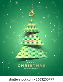 Modern Christmas poster design featuring a paper-cut style tree, golden hanging star and falling snowflakes on a green gradient background. Perfect for holiday greetings and festive decoration.