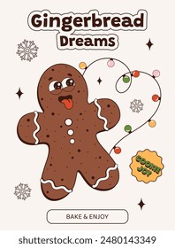 Modern Christmas poster with garland and gingerbread man. Groovy-style cookies and snowflakes. Christmas sticker with cookies, stars, and text. Gingerbread dreams. Chocolate baked goods. Vector