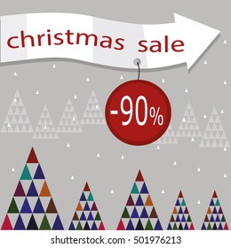 Modern Christmas sale design template. unusual christmas trees and triangles and arrow with red ornament with discount offer ninty percent. Vector holiday illustration.