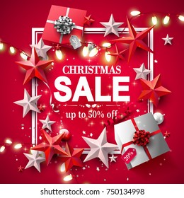 Modern Christmas sale flyer with red and silver gift boxes and stars