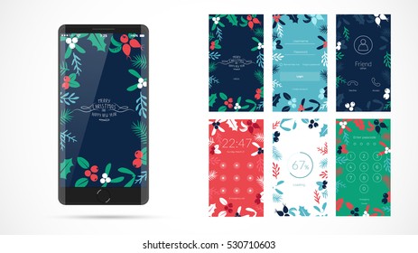 Modern Christmas screen vector design for mobile app with UX and flat web icons. Wireframe kit for Lock Screen, Login page, Enter Passcode, User call, Application Loading, and Stats Chart.