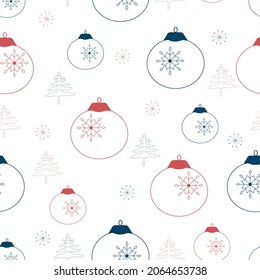 La Navidad moderna no tiene nada que ver. Ilustración vectorial de bolas de vidrio, copos de nieve y árboles de Navidad. Esbozo del patrón invernal de juguetes navideños. Diseño tradicional de diciembre para las vacaciones.