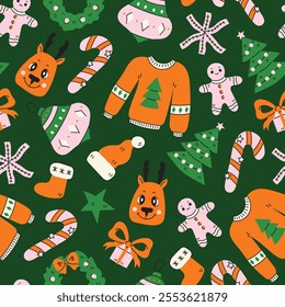 Modern Christmas Seamless Pattern in hand drawn flat style. Whimsical Xmas Holiday background with traditional festive symbols. Playful celebration repeat vector illustration