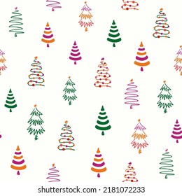 Modern Christmas seamless pattern minimal style. Hand drawn Christmas trees abstract symbols on light background. Freehand doodle style fir-trees repeat design for wrapping paper, wallpaper, textile.
