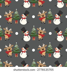 A modern Christmas seamless repeat pattern featuring a charming reindeer with a red scarf, a friendly snowman in a top hat, and decorated Christmas trees with gift boxes. This whimsical holiday illustration with falling snow on a dark charcoal background is perfect for gift wrapping paper, seasonal textiles, fabric prints, and festive wallpaper design.