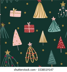 Modern Christmas Seamless Vector patterns, cute christmas trees, christmas gifts pattern