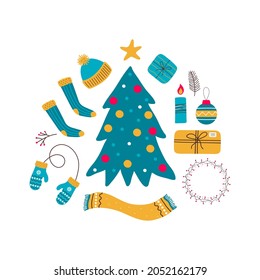 Modern christmas set with warm winter elements isolated on white background. Christmas tree, plants,  gift, candle, knitted hat, scarf, socks, mittens. Vector cartoon illustration