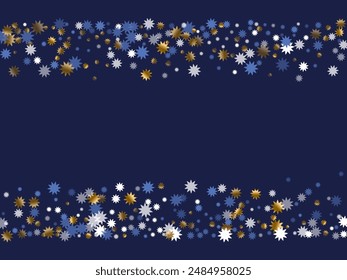 Modern Christmas star holiday pattern graphic design. Gold blue white sparkle confetti. Poster snowflake pattern. Christmas star shape elements. Crystal luxury explosion.