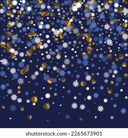 Modern Christmas star vector background graphic design. Gold blue white twinkle decoration. Poster stardust backdrop. Christmas star symbol confetti. Twinkling chic wallpaper.