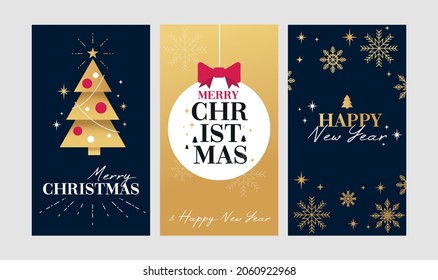 Modern Christmas story template set. New Year backgrounds for social media with Xmas decorations, snowflakes, gifts, Christmas tree and abstract shapes. Trendy holiday design vector illustration.