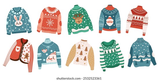 Modern Christmas sweaters with winter holiday patterns flat color vector objects. Creative knitwear ideas illustrations on white background