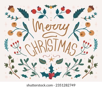 Modern Christmas symmetrical ornament card in folk style. Merry Christmas lettering. Hand drawn vector illustration