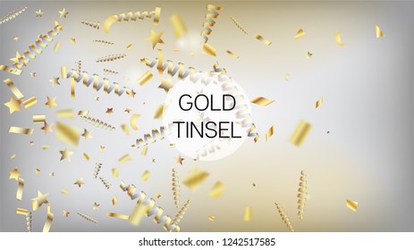 Modern Christmas Tinsel Confetti, Falling New Year Gold. Horizontal Shiny Night Sky Background. Cool Premium Christmas, New Year, Birthday Party Holiday Border. Gold Christmas Tinsel Confetti