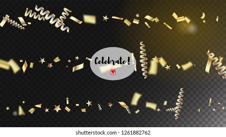 Modern Christmas Tinsel Confetti, Falling New Year Gold. Horizontal Magic Particles Background. Cool Platinum Christmas, New Year, Birthday Party Holiday Pattern. Gold Christmas Tinsel Confetti