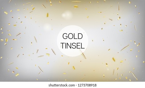 Modern Christmas Tinsel Confetti, Falling New Year Gold. Cool Premium Christmas, New Year, Birthday Party Holiday Banner. Horizontal Lights Night Sky Background. Gold Christmas Tinsel Confetti