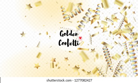 Modern Christmas Tinsel Confetti, Falling New Year Gold. Horizontal Dotted Night Sky Background. Cool Sparkling Christmas, New Year, Birthday Party Holiday Border. Gold Christmas Tinsel Confetti