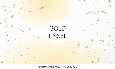 Modern Christmas Tinsel Confetti, Falling New Year Gold. Horizontal Magic Sparkles Background. Cool Premium Christmas, New Year, Birthday Party Holiday Pattern. Gold Christmas Tinsel Confetti