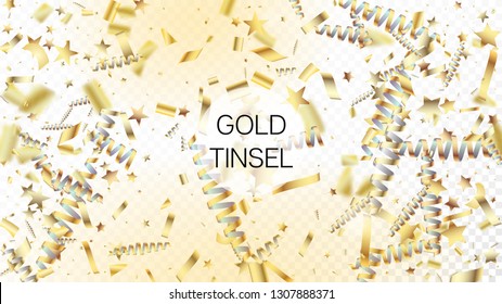 Modern Christmas Tinsel Confetti, Falling New Year Gold. Horizontal Fairy Shimmer Background. Cool Sparkling Christmas, New Year, Birthday Party Holiday Scatter. Gold Christmas Tinsel Confetti