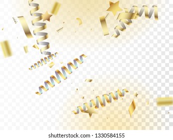 Modern Christmas Tinsel Confetti, Falling New Year Gold. Cool Elegant Christmas, New Year, Birthday Party Holiday Scatter. Horizontal Magic Streamers Background. Gold Christmas Tinsel Confetti