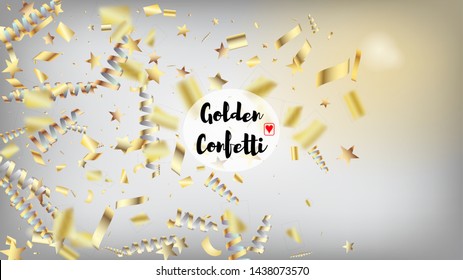 Modern Christmas Tinsel Confetti, Falling New Year Gold. Horizontal Mystical Sparkles Background. Cool Elegant Christmas, New Year, Birthday Party Holiday Garland. 