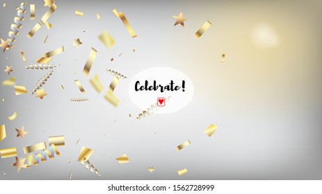 Modern Christmas Tinsel Confetti, Falling New Year Gold. Cool Elegant Christmas, New Year, Birthday Party Holiday Frame. Horizontal Bright Explosion Background. Gold Christmas Tinsel Confetti