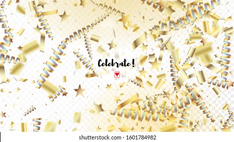 Modern Christmas Tinsel Confetti, Falling New Year Gold. Cool Rich VIP Christmas, New Year, Birthday Party Holiday Scatter. Horizontal Dotted Shimmer Background. Gold Christmas Tinsel Confetti