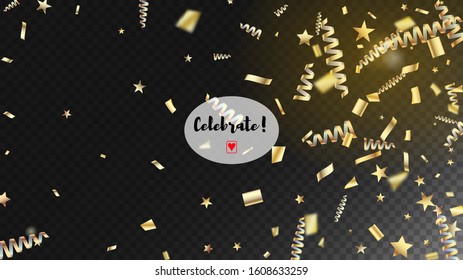 Modern Christmas Tinsel Confetti, Falling New Year Gold. Horizontal Mystical Bokeh Background. Cool Glamour Christmas, New Year, Birthday Party Holiday Border. Gold Christmas Tinsel Confetti