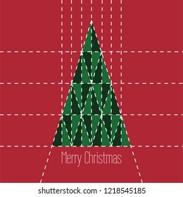 Modern Christmas tree design on a red background. Simple vector illustration. Creative New years greeting card. Geometric art. Holiday poster. Festive wallpaper.
