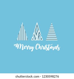 Modern Christmas tree designs on a light blue background. Simple vector illustration. Creative New years greeting card. Geometric art.