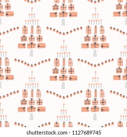 Modern Christmas Tree Gift Parcels & Candles, Hand Drawn Grey, White Orange Seamless Vector Pattern, Trendy Winter Illustration for Festive Stationery, Xmas Decor, Gift Wrap & Seasonal Backgrounds