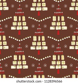 Modern Christmas Tree Gift Parcels & Candles, Hand Drawn Gingerbread Colors Seamless Vector Pattern, Trendy Winter Illustration for Festive Stationery, Xmas Decor, Gift Wrap & Seasonal Backgrounds