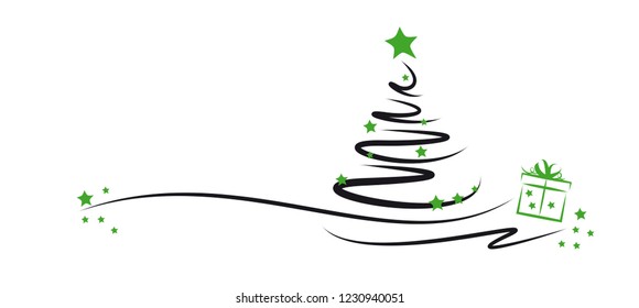 modern Christmas tree with green  stars and a gift box, white background