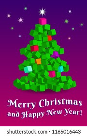 Modern Christmas Tree made with cubes. Vector Illustration. Christmas card.