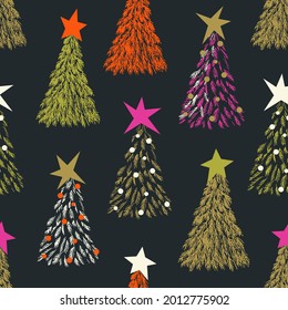 modern christmas tree pattern with stars in black, red, magenta and gold