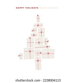 Modern christmas tree pine vector hand drawn doodle illustration presents box gifts red bow pattern, merry christmas happy new year warms wishes happy holidays celebration isolated drawing design 