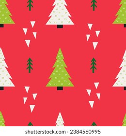 Modern Christmas tree seamless pattern on red background. Xmas repeat vector illustration with hand drawn abstract geometric shapes and doodles. Modern vibrant design for wrapping paper, greeting card