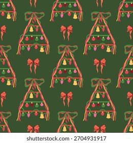 Modern Christmas tree vector seamless pattern. Abstract winter holiday triangle tree wall decoration made of ribbons, ornaments, garlands, festive bow on green background. Bright colorful xmas tile
