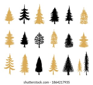 Modern Christmas Trees. Scandinavian style. Christmas holiday symbols. Winter Holiday. Hand drawn elements. Silhouettes of trees.