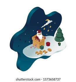 Modern Christmas vector isometric illustration. Santa claus, gifts, tree, candy, 2020, stars and the moon in isometric. New year 2020. Vector illustration.